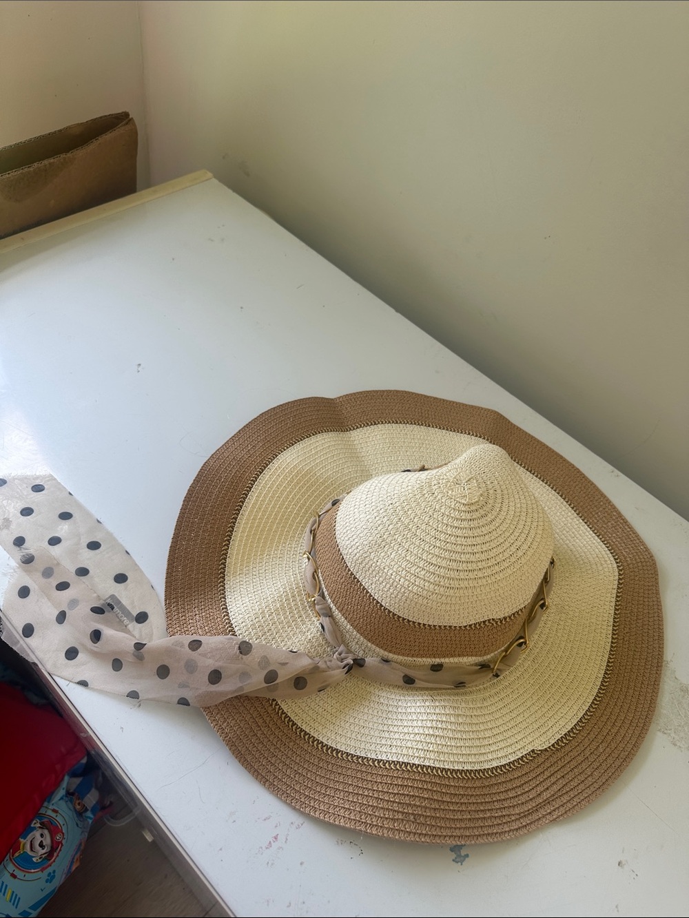Striped Straw Sun Hat with Polka Dot Scarf
